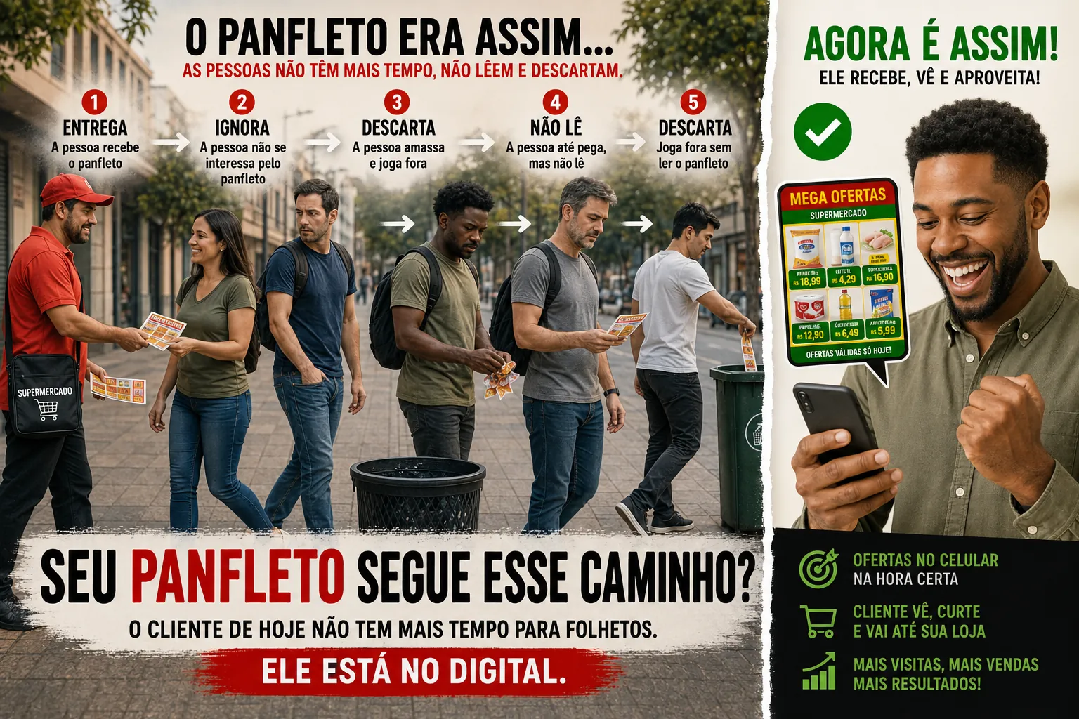 Sequência mostrando uma pessoa recebendo um panfleto de supermercado, ignorando e jogando no lixo sem ler